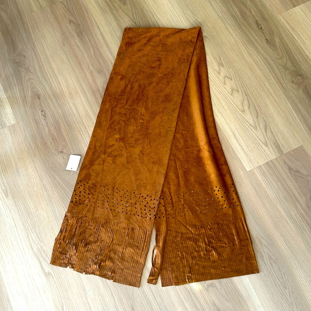 Ultra Suede Scarf Camel Brown NWT Square Cut Outs Fringe Classic Artsy